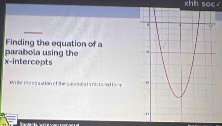 xhh soc .' 
Finding the equation of a 
parabola using the 
x-intercepts 
Write the equation of the parabola in factored form 
Students, write vour responsel