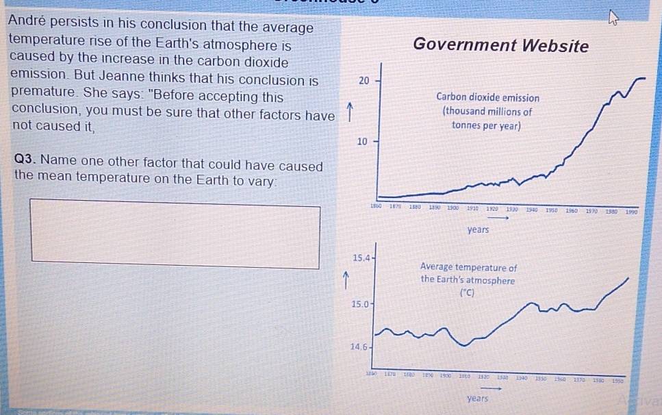 André persists in his conclusion that the average
temperature rise of the Earth's atmosphere is
caused by the increase in the carbon dioxide
emission. But Jeanne thinks that his conclusion is
premature. She says: "Before accepting this
conclusion, you must be sure that other factors have
not caused it, 
Q3. Name one other factor that could have caused
the mean temperature on the Earth to vary: