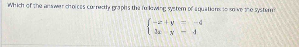 Which of the answer choices correctly graphs the following system of equations to solve the system?
beginarrayl -x+y=-4 3x+y=4endarray.