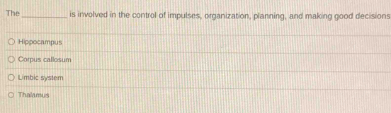 The _is involved in the control of impulses, organization, planning, and making good decisions
Hippocampus
Corpus callosum
Limbic system
Thalamus