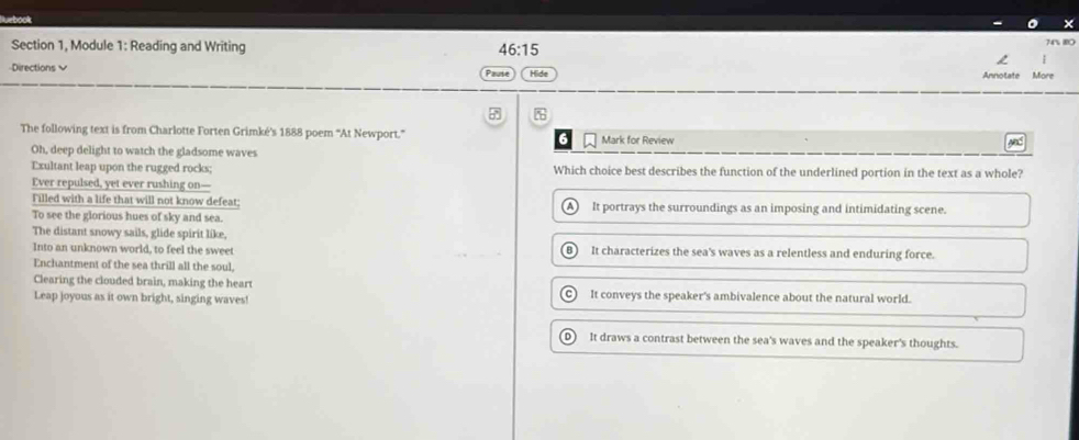 Solved: Section 1, Module 1: Reading and Writing 46:15 74% 8O ...