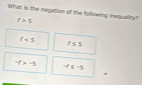 What is the negation of the folowing inequality?
f>5
f<5</tex>
f≤ 5
-f>-5
-f≤ -5