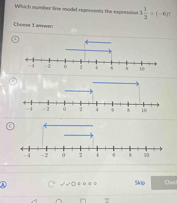 Which number line model represents the expression 3 1/2 +(-6) ? 
Choose 1 answer: 
A 
B 
C 
a 
Skip Chec 
=