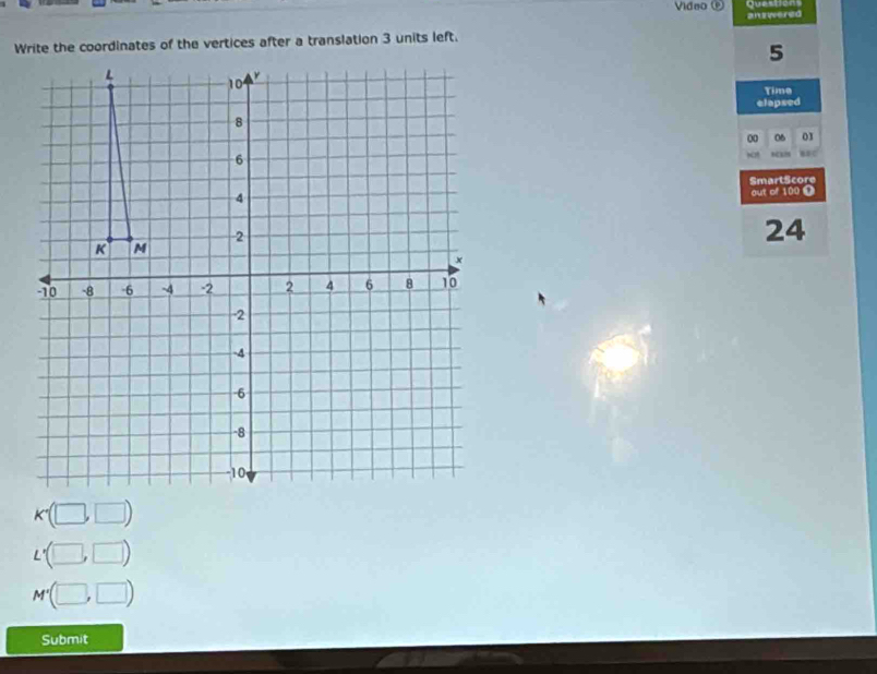 Vidno Quespens
Write the coordinates of the vertices after a translation 3 units left. an swered
5
Time
elapsed
00 06 03
“ 
SmartScore
out of 100 Ω
24
K(□ ,□ )
L'(□ ,□ )
M'(□ ,□ )
Submit