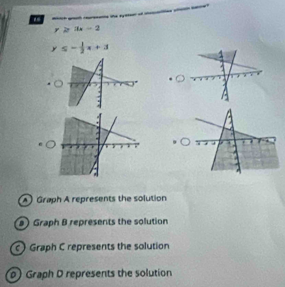 Boich gaah rarsents the systom of icatios sle cemet
y≥slant 3x-2
y≤slant - 1/2 x+3
) Graph A represents the solution
Graph B represents the solution
c ) Graph C represents the solution
p) Graph D represents the solution