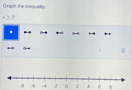 Graph the inequality.
x≥ 2
8