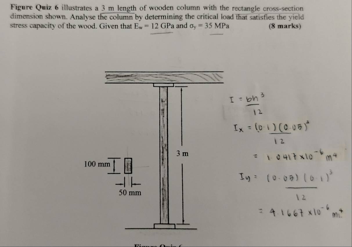 Figure Quiz 6 illustrates a 3 m length of wooden column with the rectangle cross-section 
dimension shown. Analyse the column by determining the critical load that satisfies the yield 
stress capacity of the wood. Given that E_w=12GPa and sigma _y=35MPa (8 marks)