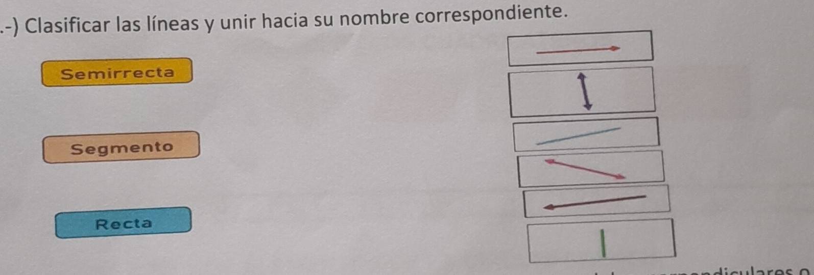 .-) Clasificar las líneas y unir hacia su nombre correspondiente. 
Semirrecta 
Segmento 
Recta