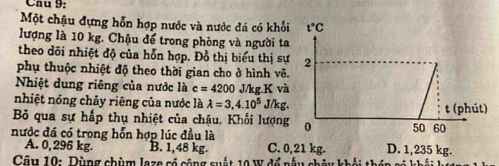 Cầu 9:
Một chậu đựng hỗn hợp nước và nước đá có khối
lượng là 10 kg. Chậu để trong phòng và người ta
theo dõi nhiệt độ của hỗn hợp. Đồ thị biểu thị sự
phụ thuộc nhiệt độ theo thời gian cho ở hình vẽ.
Nhiệt dung riêng của nước là c=4200 J/kg.K và
nhiệt nóng chảy riêng của nước là lambda =3,4.10^5 J/kg.
Bỏ qua sự hấp thụ nhiệt của chậu. Khối lượng
nước đá có trong hỗn hợp lúc đầu là D. 1,235 kg.
A. 0, 296 kg. B. 1,48 kg. C. 0,21 kg.
Câu 10: Dùng chùm Jaze có cộng suất 10 W đổ nấu châu khối tháp só khi