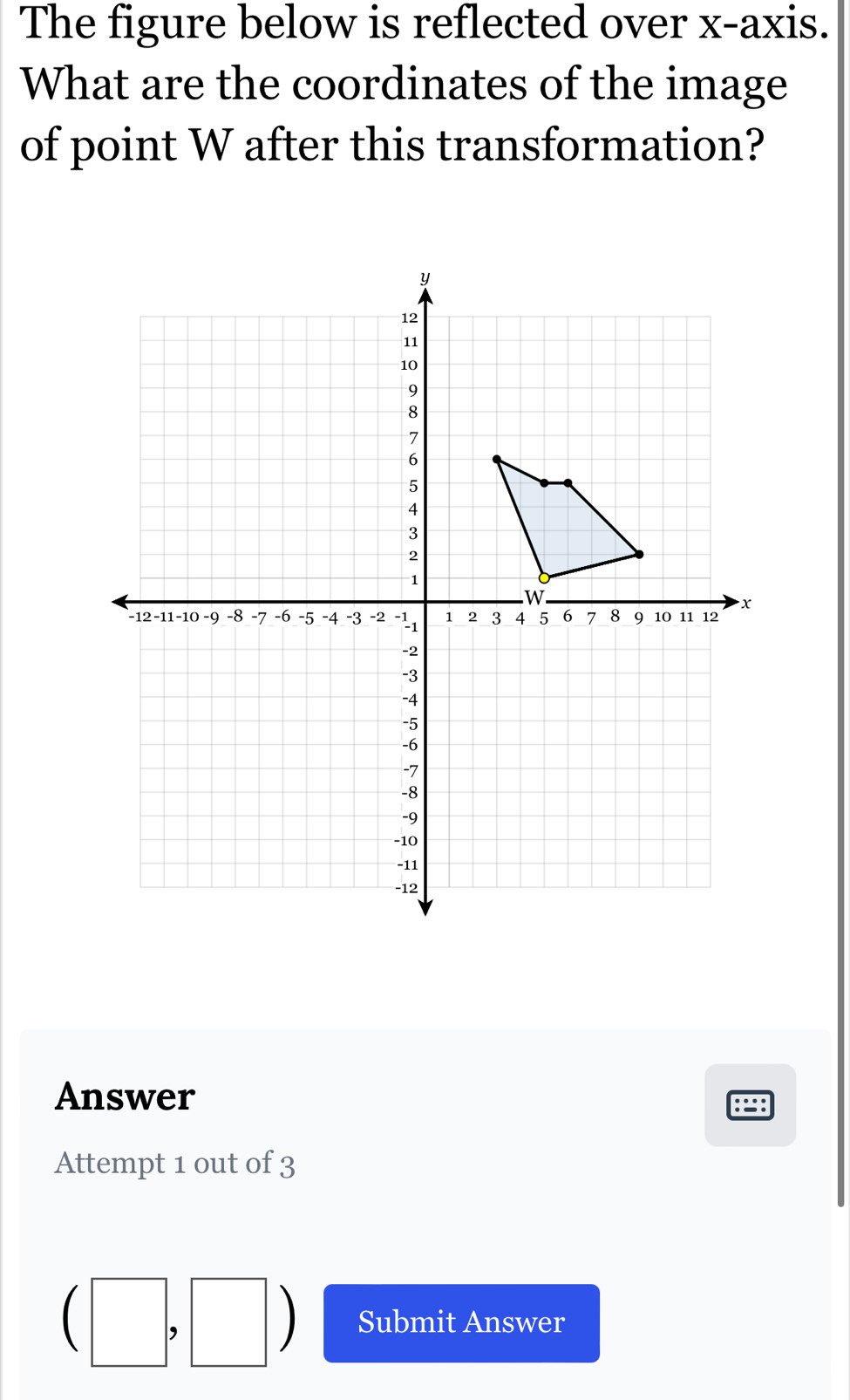 The figure below is reflected over x-axis. 
What are the coordinates of the image 
of point W after this transformation? 
Answer 
:: 
Attempt 1 out of 3
(□ ,□ ) Submit Answer