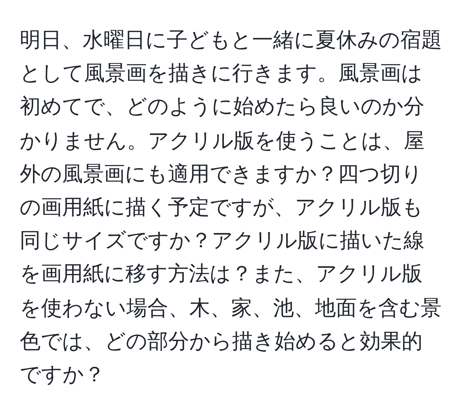 明日、水曜日に子どもと一緒に夏休みの宿題として風景画を描きに行きます。風景画は初めてで、どのように始めたら良いのか分かりません。アクリル版を使うことは、屋外の風景画にも適用できますか？四つ切りの画用紙に描く予定ですが、アクリル版も同じサイズですか？アクリル版に描いた線を画用紙に移す方法は？また、アクリル版を使わない場合、木、家、池、地面を含む景色では、どの部分から描き始めると効果的ですか？