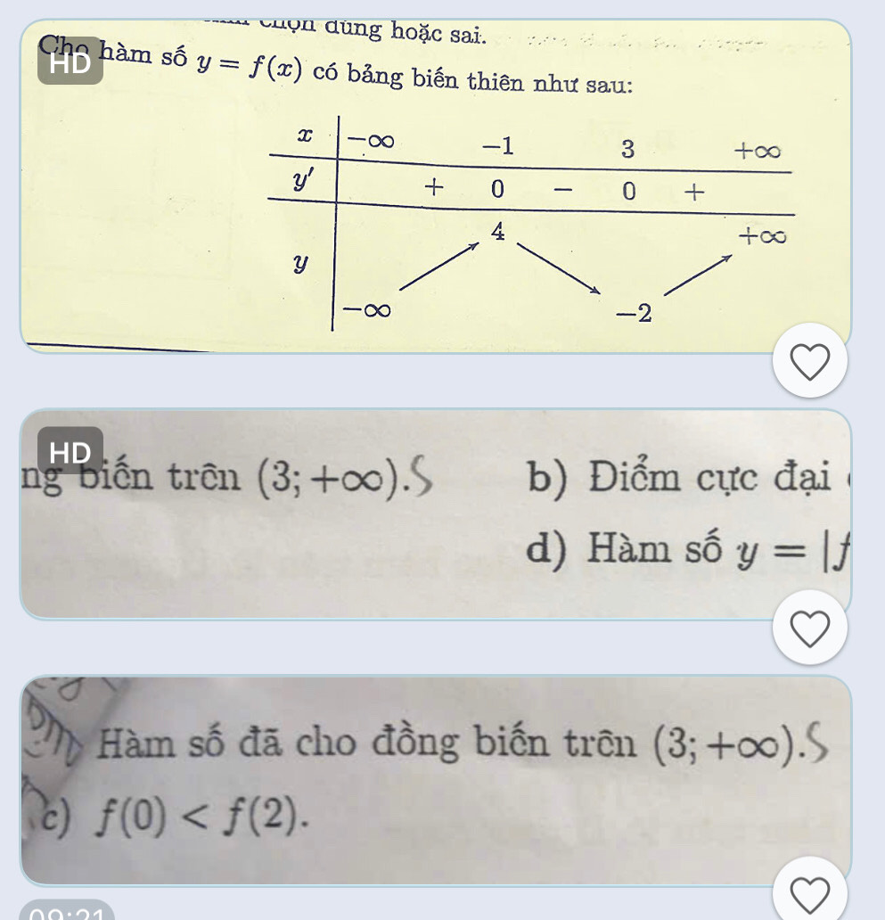 ng hoặc sai.
Cha hàm số y=f(x) có bảng biến thiên như sau:
HD
ng biến trên (3;+∈fty ) b) Điểm cực đại
d) Hàm số y=|f
Hàm số đã cho đồng biến trên (3;+∈fty )
c) f(0)