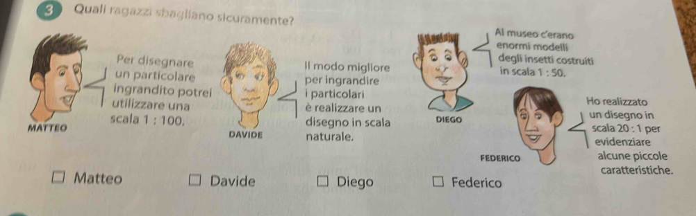 Quali ragazzi sbagliano sicuramente? Al museo c'erano
enormi modelli
degli insetti costruiti
Per disegnareIl modo migliore in scala 1:50. 
un particolareper ingrandire
ingrandito potreii particolari Ho realizzato
utilizzare unaè realizzare un un disegno in
scala 1:100. disegno in scala DIEGO
MATTEO naturale. scala 20:1 per
evidenziare
FEDERICO alcune piccole
caratteristiche.
Matteo Davide Diego Federico