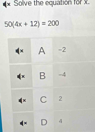 Solve the equation for x.
50(4x+12)=200