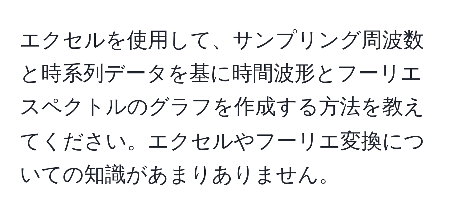 エクセルを使用して、サンプリング周波数と時系列データを基に時間波形とフーリエスペクトルのグラフを作成する方法を教えてください。エクセルやフーリエ変換についての知識があまりありません。