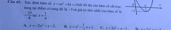 Xác định hàm số y=ax^2+bx+c biết đồ thị của hàm số cắt trục
tung tại điểm có tung độ là -3 và giá trị nhỏ nhất của hàm số là
- 25/8 taix= 1/4 .
A. y=-2x^2+x-3. B. y=x^2- 1/2 x+3. C. y=2x^2-x-3. D. y=2x^2+x-2