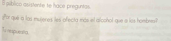 El público asistente te hace preguntas. 
¿Por qué a las mujeres les afecta más el alcohol que a los hombres? 
Tu respuesta.