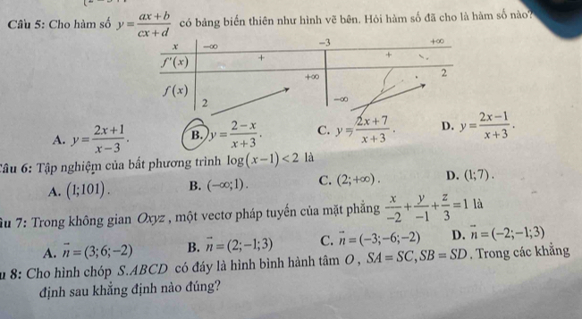 Cầu 5: Cho hàm số y= (ax+b)/cx+d  có bảng biến thiên như hình vẽ bên. Hỏi hàm số đã cho là hàm số nào?
A. y= (2x+1)/x-3 . B. )y= (2-x)/x+3 . C. y= (2x+7)/x+3 . D. y= (2x-1)/x+3 .
Tâu 6: Tập nghiệm của bất phương trình log (x-1)<2</tex> là
A. (1;101). B. (-∈fty ;1). C. (2;+∈fty ). D. (1;7).
Âu 7: Trong không gian Oxyz , một vectơ pháp tuyến của mặt phẳng  x/-2 + y/-1 + z/3 =1 là
A. vector n=(3;6;-2) B. vector n=(2;-1;3) C. vector n=(-3;-6;-2) D. vector n=(-2;-1;3)
u 8: Cho hình chóp S.ABCD có đáy là hình bình hành tan O,SA=SC,SB=SD. Trong các khẳng
định sau khẳng định nào đúng?