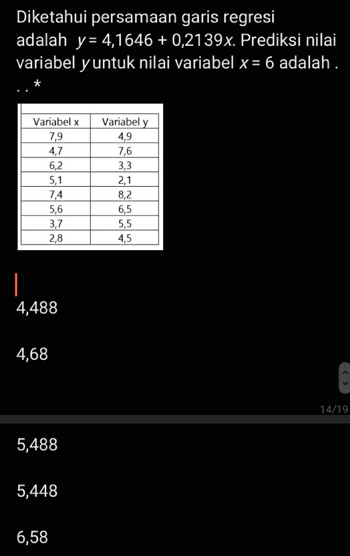 Diketahui persamaan garis regresi
adalah y=4,1646+0,2139x. Prediksi nilai
variabel yuntuk nilai variabel x=6 adalah .
*
4,488
4,68
14/19
5,488
5,448
6,58