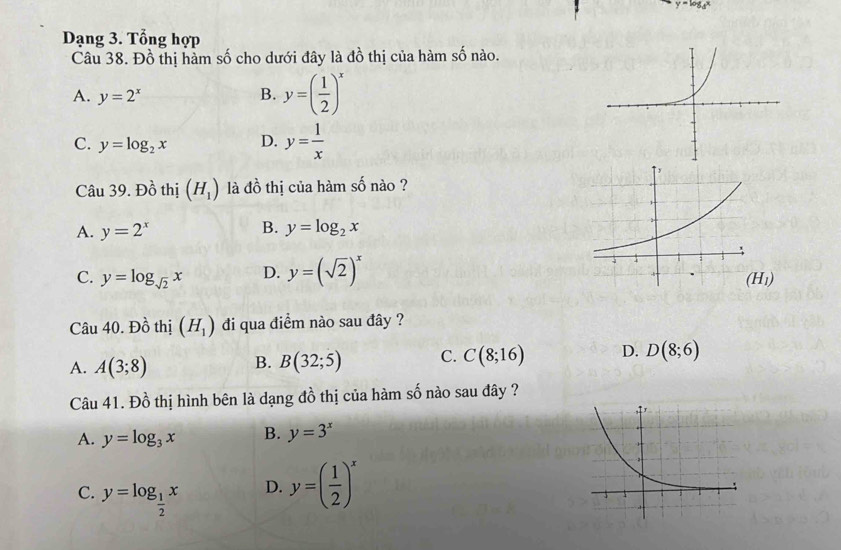 y=log _5x
Dạng 3. Tổng hợp
Câu 38. Đồ thị hàm số cho dưới đây là đồ thị của hàm số nào.
A. y=2^x B. y=( 1/2 )^x
C. y=log _2x D. y= 1/x 
Câu 39. Đồ thị (H_1) là đồ thị của hàm số nào ?
B.
A. y=2^x y=log _2x
C. y=log _sqrt(2)x D. y=(sqrt(2))^x
Câu 40. Đồ thị (H_1) đi qua điểm nào sau đây ?
A. A(3;8) B(32;5) C. C(8;16) D. D(8;6)
B.
Câu 41.D ồ thị hình bên là dạng đồ thị của hàm số nào sau đây ?
A. y=log _3x B. y=3^x
C. y=log _ 1/2 x
D. y=( 1/2 )^x