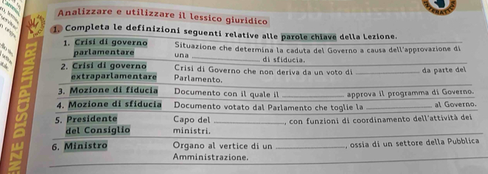 ervão 0, 1m 
Analizzare e utilizzare il lessico giuridico 
1, Completa le definizioni seguenti relative alle parole chiave della Lezione. 
a 1. Crisi di governo Situazione che determína la caduta del Governo a causa dell'approvazione dí 
parlamentare un a _di sfiducia. 
the 2. Crisi di governo Crisi di Governo che non deriva da un voto di _da parte del 
extraparlamentare Parlamento. 
3. Mozione di fiducia Documento con il quale il _approva il programma di Governo. 
4. Mozione di sfiducia Documento votato dal Parlamento che toglie la _al Governo. 
5. Presidente Capo del _, con funzioni di coordinamento dell'attività dei 
_ 
del Consiglio ministri. 
_ 
6. Ministro Organo al vertice di un _, ossia di un settore della Pubblica 
Amministrazione. 
_