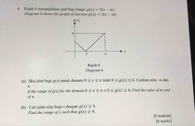 Rajah 6 menunjukkan graf bagi fungsi g(x)=|2x-m|.
Diagram 6 shows the graph of function g(x)=|2x-m|.
Rajah 6
Diagram 6
(a) Jika julat bagi g(x) untuk domain 0≤ x≤ n ialah 0≤ g(x)≤ 6. Carikan nilai m dan
n.
if the range of g(x) for the domain 0≤ x≤ n is 0≤ g(x)≤ 6. Find the value of m and
of n.
(b) Cari julat nilai bagi x dengan g(x)≥ 4.
Find the range of x such that g(x)≥ 4.
[6 markah]
[6 marks]