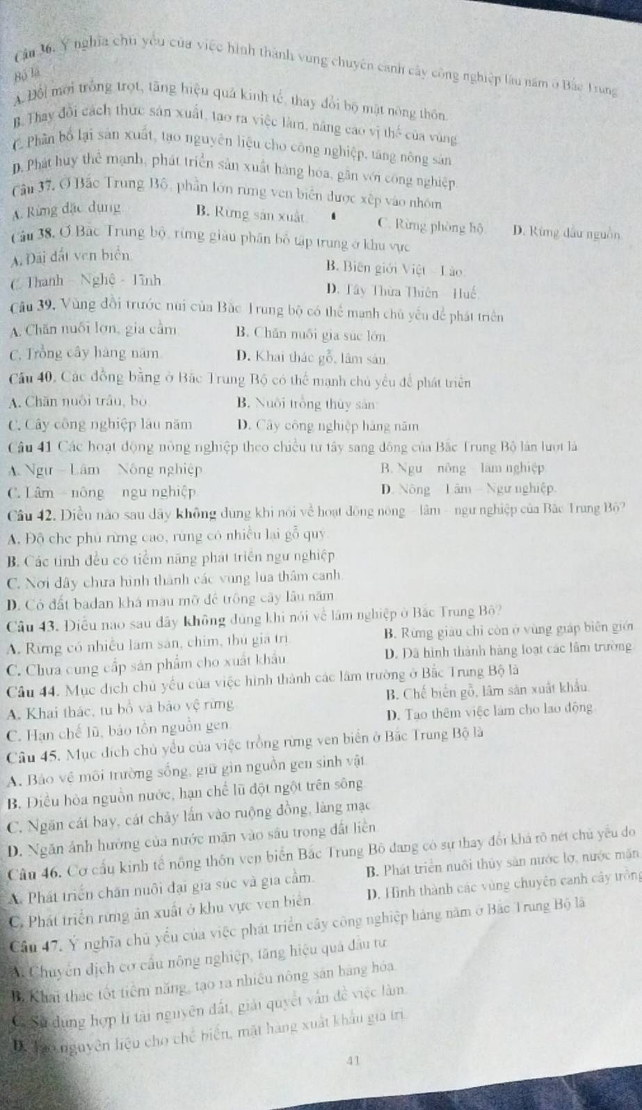 Câu 36, Y nghĩa chú yểu của việc hình thành vùng chuyên canh cây công nghiệp lầu năm ở Bắo Trung
Bộ là
A Đổi mới trồng trọt, tăng hiệu quả kinh tế, thay đổi bộ mặt nông thôn
B. Thay đổi cách thức sản xuất, tao ra việc làm, năng cao vị thế của vùng
C Phân bố lại sản xuất, tạo nguyên liệu cho công nghiệp, tăng nông sản
D. Phát huy thể mạnh, phát triển sản xuất hàng hóa, gần với công nghiện
Câu 37, Ở Bắc Trung Bộ, phần lớn rừng ven biển được xếp vào nhóm
A. Rừng đặc dụng B. Rừng sản xuất C. Rừng phòng hộ D. Rừng dầu nguồn
Câu 38, Ở Bắc Trung bộ, rừng giàu phân bố tập trung ở khu vực
A. Đãi đất ven biển
B. Biên giới Việt - Lào
C Thanh - Nghệ  Tĩnh D. Tây Thừa Thiên Huế
Câu 39, Vùng đồi trước núi của Bắc Trung bộ có thể manh chủ yếu để phát triển
A. Chăn nuổi lợn, gia cảm B. Chǎn nuôi gia súc lớn
C. Trồng cây hàng năm D. Khai thác gỗ, lâm sản
Cầu 40, Các đồng bằng ở Bắc Trung Bộ có thể mạnh chủ yểu để phát triển
A. Chăn nuôi trâu, bò B. Nuôi trồng thủy sản
C. Cây công nghiệp lâu năm D. Cây công nghiệp hàng năm
Câu 41 Các hoạt động nông nghiệp theo chiều từ tây sang đồng của Bắc Trung Bộ lán lượt là
Ngư - Lâm Nông nghiệp B. Ngư nông làm nghiệp
C. Lâm - nông ngu nghiệp D. Nông Lâm - Ngư nghiệp.
Câu 42. Điều nào sau dây không dung khi nói về hoạt đồng nông - lâm - ngư nghiệp của Bắc Trung Bộ?
A. Độ che phủ rừng cao, rùng có nhiều lại gỗ quý
B. Các tính đều có tiểm năng phát triển ngư nghiệp
C. Nơi đây chưa hình thành các vùng lua thâm canh
D. Có đất badan khá màu mỡ đế trông cây lầu năm
Câu 43. Điều nao sau đây không đùng khi nói về lâm nghiệp ở Bắc Trung Bộ?
A. Rừng có nhiều lâm sản, chim, thủ giá trị B. Rừng giàu chỉ còn ở vùng giáp biên giới
C. Chưa cung cấp sản phẩm cho xuất khẩu D. Đã hình thành hàng loạt các lầm trường
Cầu 44. Mục dịch chủ yếu của việc hình thành các lâm trường ở Bắc Trung Bộ là
A. Khai thác, tu bồ và bảo vệ rừng B. Chế biến gỗ, lâm sản xuất khẩu
C. Hạn chế lũ, báo tồn nguồn gen D. Tao thêm việc làm cho lao động
Câu 45. Mục dích chủ yểu của việc trồng rừng ven biển ở Bắc Trung Bộ là
A. Bảo vệ môi trường sống, giữ gin nguồn gen sinh vật
B. Điều hòa nguồn nước, hạn chế lũ đột ngột trên sông
C. Ngăn cát bay, cát chảy lấn vào ruộng đồng, làng mạc
D. Ngăn ảnh hưởng của nước mặn vào sâu trong đất liền
Câu 46. Cơ cầu kinh tế nông thôn ven biển Bắc Trung Bộ đang có sự thay đổi khá rõ nét chủ yếu do
Phát triển chăn nuôi đại gia súc và gia cầm. B. Phát triển nuôi thủy sản nước lợ, nước măn
C. Phát triển rừng ản xuất ở khu vực ven biển D. Hình thành các vùng chuyên canh cây trồng
Cầu 47. Ý nghĩa chủ yểu của việc phát triển cây công nghiệp hàng năm ở Bắc Trung Bộ lã
ớ Chuyên địch cơ cầu nông nghiệp, tăng hiệu quả đầu tư
B Khai thác tốt tiêm năng, tạo ra nhiều nông sản bảng hóa
Ci Su dung hợp lĩ tài nguyên đất, giải quyết vấn đề việc làm
T ho nguyên liệu cho chế biến, mặt hàng xuất khẩu gia trì
41