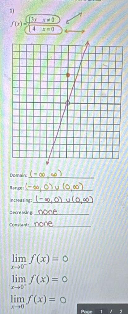 f(x)= 3xx!= 0/4x=0 
Domain:_ 
Range:_ 
Increasing:_ 
Decreasing:_ 
Constant:_
limlimits _xto 0^-f(x)=0
limlimits _xto 0^+f(x)=0
limlimits _xto 0f(x)=0
Page 1