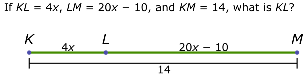 If KL=4x,LM=20x-10 , and KM=14 , what is KL?
M