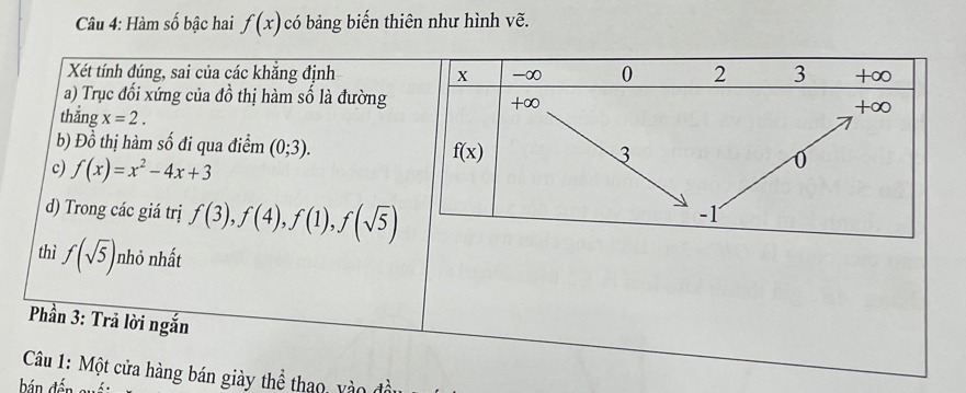 Hàm số bậc hai f(x) có bảng biến thiên như hình vẽ.
Xét tính đúng, sai của các khắng định 
a) Trục đổi xứng của dhat o thị hàm số là đường
thẳng x=2.
b) Đồ thị hàm số đi qua điểm (0;3).
c) f(x)=x^2-4x+3
d) Trong các giá trị f(3),f(4),f(1),f(sqrt(5))
thì f(sqrt(5)) nhỏ nhất
Phần 3: Trả lời ngắn
Câu 1: Một cửa hàng bán giày thể thao, vào đầu