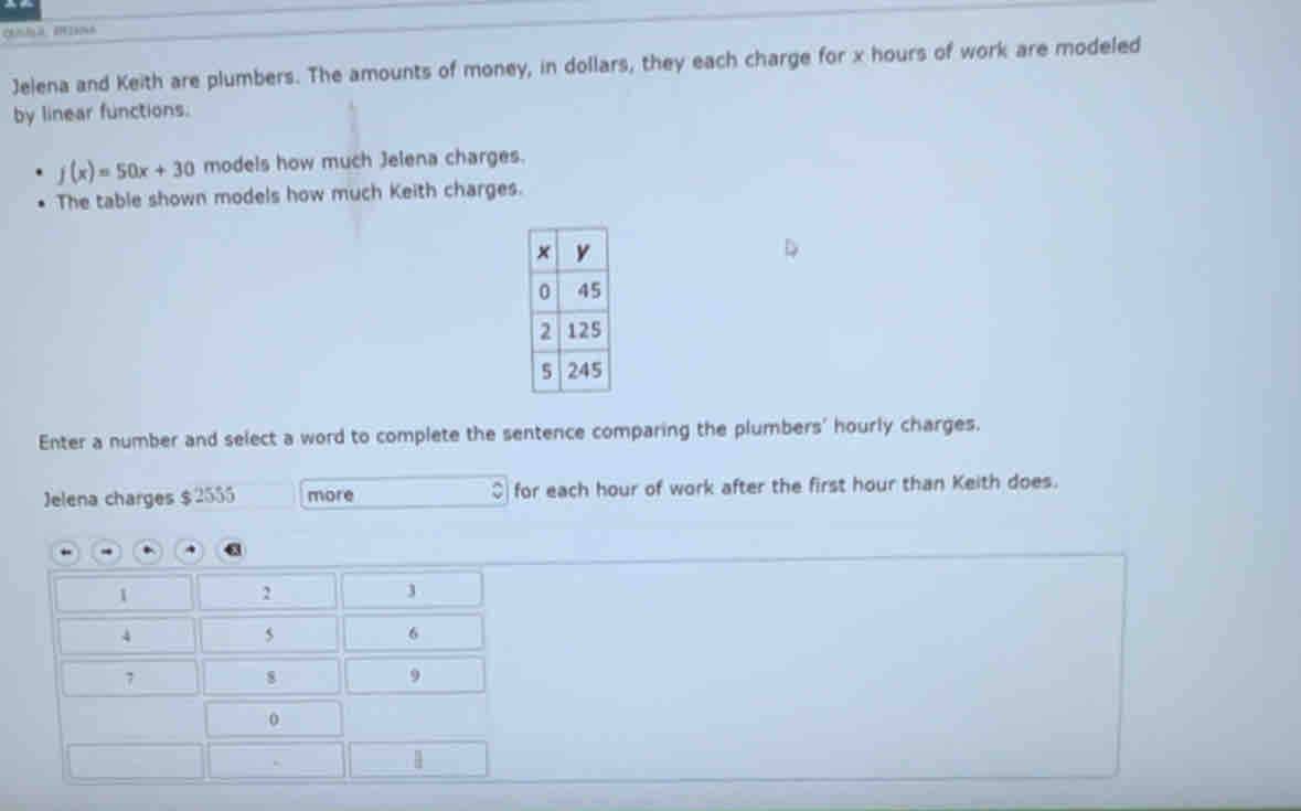 Jelena and Keith are plumbers. The amounts of money, in dollars, they each charge for x hours of work are modeled 
by linear functions.
f(x)=50x+30 models how much Jelena charges. 
The table shown models how much Keith charges. 
Enter a number and select a word to complete the sentence comparing the plumbers' hourly charges. 
Jelena charges $2555 more $ for each hour of work after the first hour than Keith does.