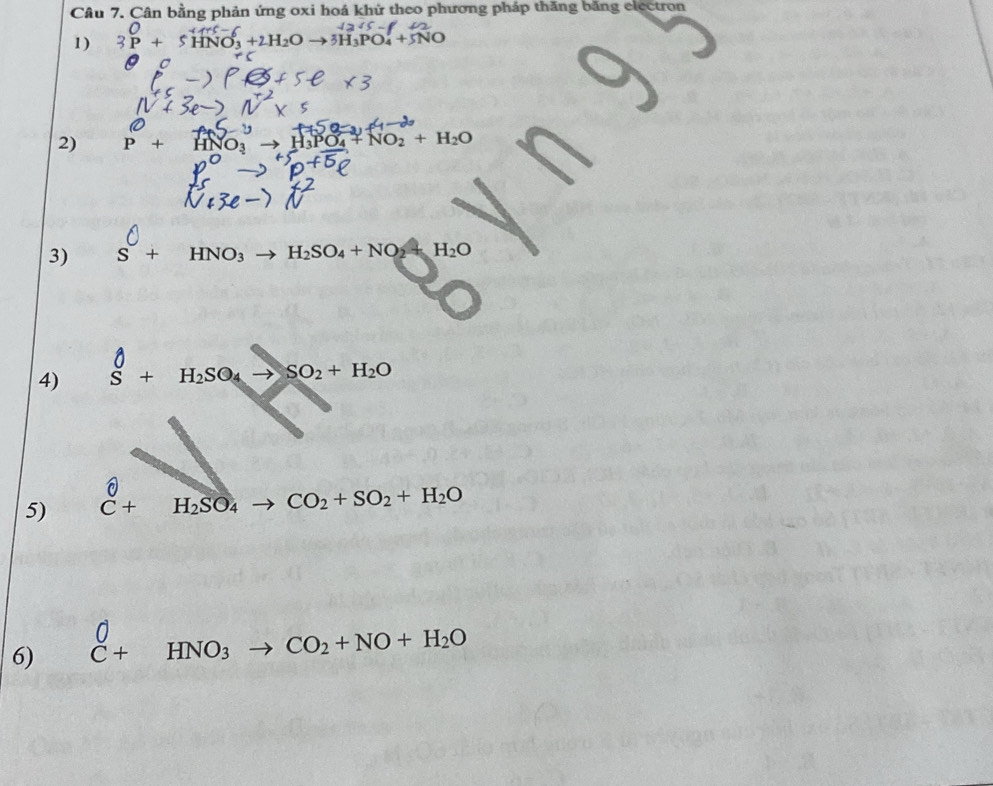 Cân bằng phản ứng oxi hoá khữ theo phương pháp thăng băng electron 
1) P+SHNO_3+2H_2O to 5H_3PO_4^((·)+5NO
2) P+
H_3)PO_4+NO_2+H_2O
3) S+HNO_3to H_2SO_4+NO_2=H_2O
4) S+H_2SO_4to SO_2+H_2O
5) C+ □ H_2SO_4 to CO_2+SO_2+H_2O
6) C+HNO_3 x_1+x_2
to CO_2+NO+H_2O