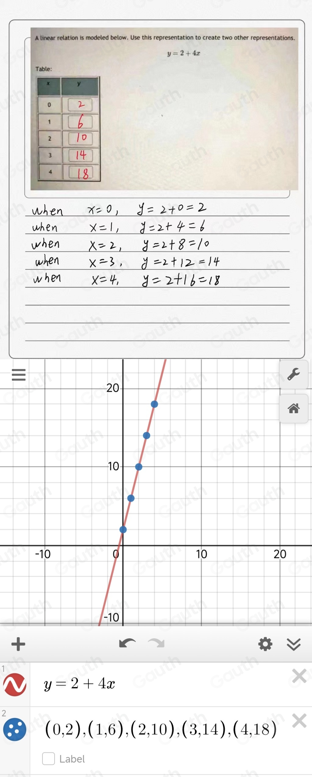 A linear relation is modeled below. Use this representation to create two other representations.
y=2+4x
Table: 
+
y=2+4x
2
(0,2),(1,6),(2,10),(3,14), (4,18)
Label 
Table 1: ["columnList":["x","y"],"lines":1,"columnList":["0",""],"lines":2,"columnList":["1",""],"lines":3,"columnList":["2",""],"lines":4,"columnList":["3",""],"lines":5,"columnList":["A",""],"lines":6]