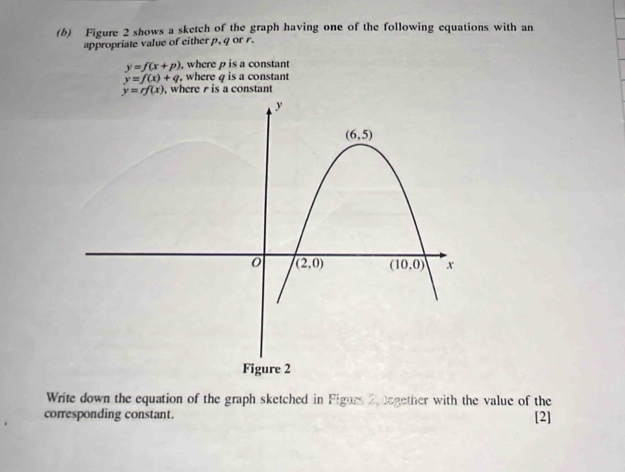 Figure 2 shows a sketch of the graph having one of the following equations with an
appropriate value of either p, q or r.
y=f(x+p) , where p is a constant
y=f(x)+q , where 4 is a constant
y=rf(x) , where  is a constant
Write down the equation of the graph sketched in Figurs 2,together with the value of the
corresponding constant. [2]