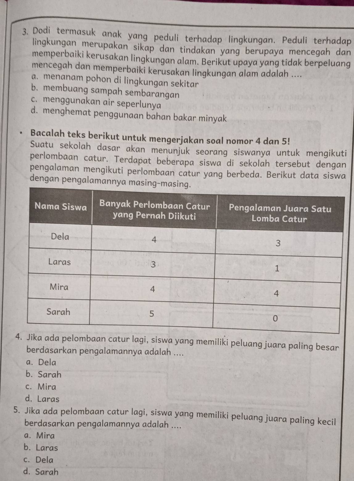 Dodi termasuk anak yang peduli terhadap lingkungan. Peduli terhadap
lingkungan merupakan sikap dan tindakan yang berupaya mencegah dan
memperbaiki kerusakan lingkungan alam. Berikut upaya yang tidak berpeluang
mencegah dan memperbaiki kerusakan lingkungan alam adalah ....
a. menanam pohon di lingkungan sekitar
b. membuang sampah sembarangan
c. menggunakan air seperlunya
d. menghemat penggunaan bahan bakar minyak
Bacalah teks berikut untuk mengerjakan soal nomor 4 dan 5!
Suatu sekolah dasar akan menunjuk seorang siswanya untuk mengikuti
perlombaan catur. Terdapat beberapa siswa di sekolah tersebut dengan
pengalaman mengikuti perlombaan catur yang berbeda. Berikut data siswa
dengan pengalamannya m
pelombaan catur lagi, siswa yang memiliki peluang juara paling besar
berdasarkan pengalamannya adalah ....
a. Dela
b. Sarah
c. Mira
d. Laras
5. Jika ada pelombaan catur lagi, siswa yang memiliki peluang juara paling kecil
berdasarkan pengalamannya adalah ....
a. Mira
b. Laras
c. Dela
d. Sarah