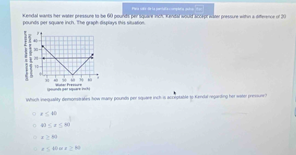 Para sahr de la pantalla complela, puísa
Kendal wants her water pressure to be 60 pounds per square inch. Kendal would accept water pressure within a difference of 20
pounds per square inch. The graph displays this situation.
Which inequality demonstrates how many pounds per square inch is acceptable to Kendal regarding her water pressure?
x≤ 40
40≤ x≤ 80
x≥ 80
x≤ 40 or x≥ 80