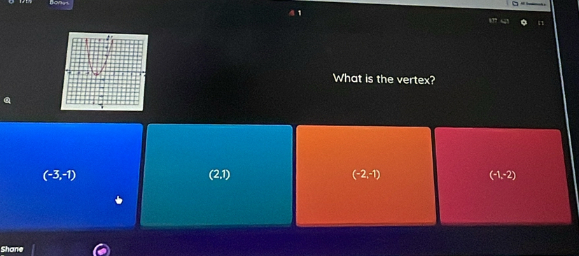 Bonus
What is the vertex?
(-3,-1)
(2,1)
(-2,-1)
(-1,-2)
Shane