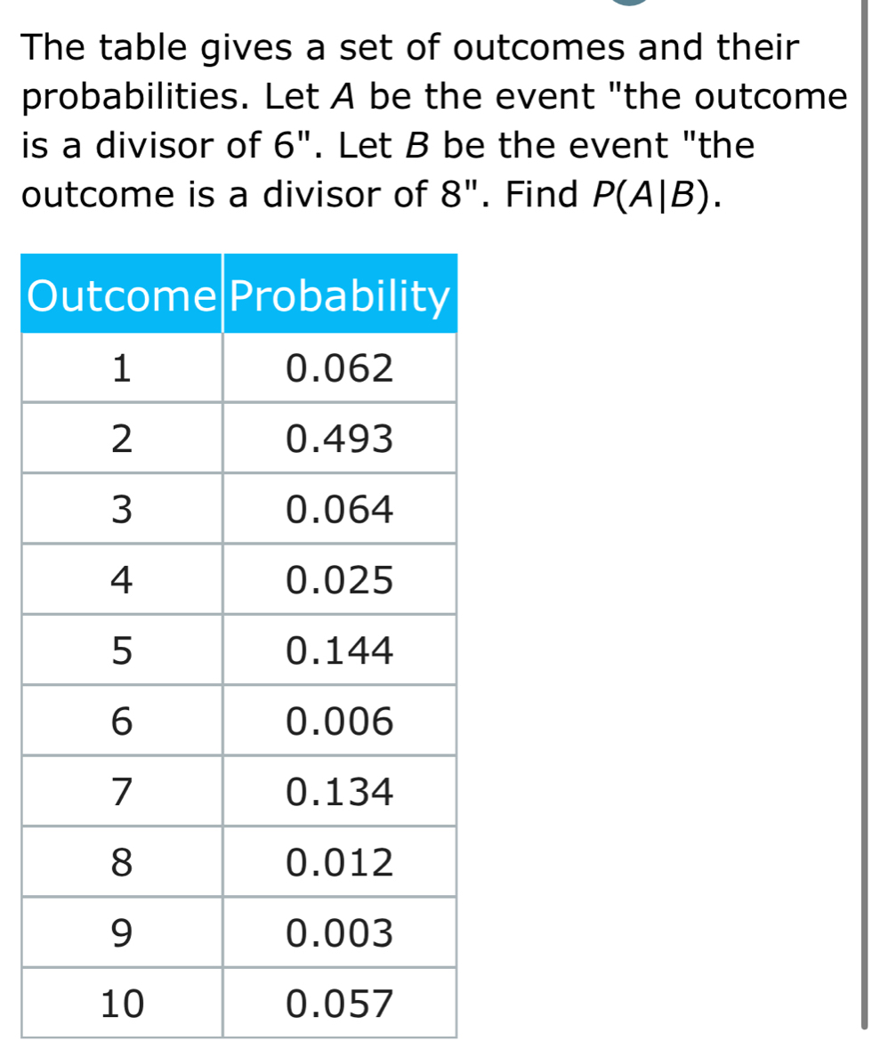 Solved: The table gives a set of outcomes and their probabilities. Let ...