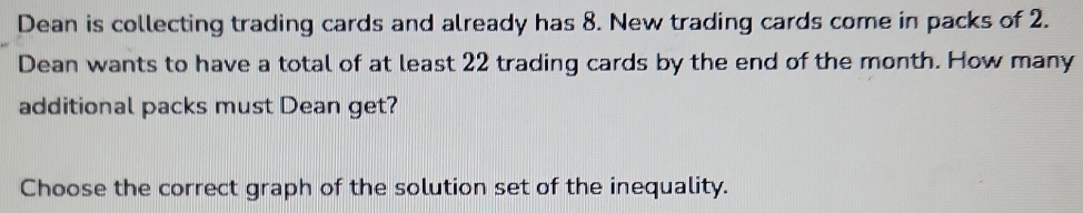 Dean is collecting trading cards and already has 8. New trading cards come in packs of 2. 
Dean wants to have a total of at least 22 trading cards by the end of the month. How many 
additional packs must Dean get? 
Choose the correct graph of the solution set of the inequality.