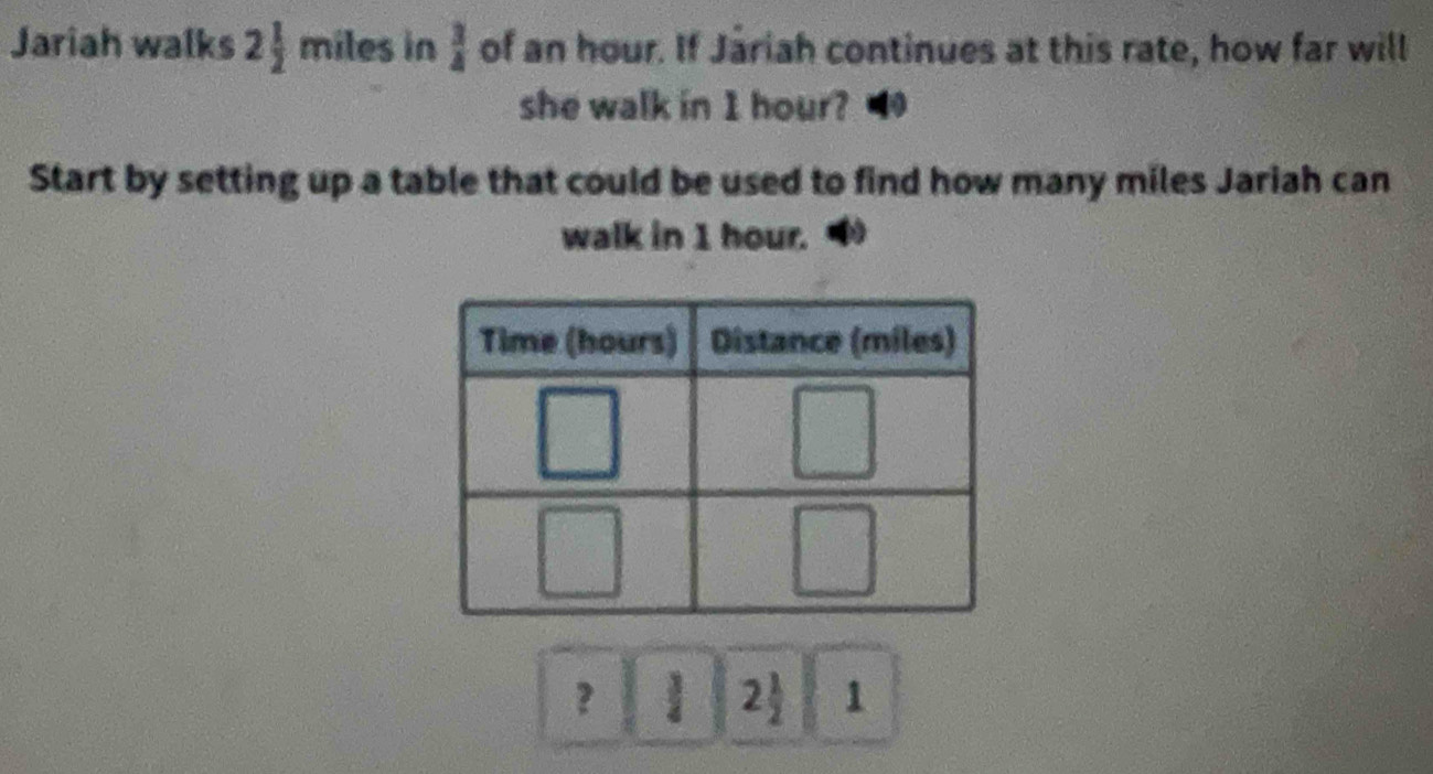 Jariah walks 2 1/2  miles in  3/4  of an hour. If Jariah continues at this rate, how far will 
she walk in 1 hour? 
Start by setting up a table that could be used to find how many miles Jariah can 
walk in 1 hour. 
？ 1 I 2 1/3  1