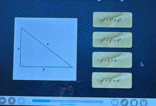 x^2+z^2=y^2
x^2+y^2=z^2
z+y=x
y^2+z^2=x^2