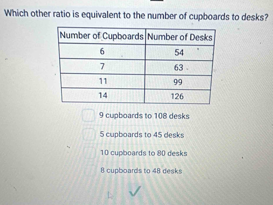 Which other ratio is equivalent to the number of cupboards to desks?
9 cupboards to 108 desks
5 cupboards to 45 desks
10 cupboards to 80 desks
8 cupboards to 48 desks