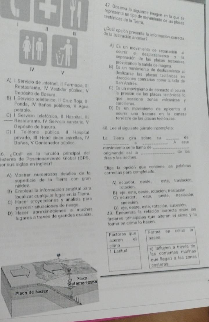 Observa la siguiente imagen en la que se
representa un tipo de movimiento de las placas
tectónicas de la Tierra,
¿Cuál opción presenta la información correcta
de la ilustración anterior?
A) Es un movimiento de separación al
ocurrir el desplazamiento y la
separación de las placas tectónicas
provocando la salida de magma.
B) Es un movimiento de deslizamiento al
deslizarse las placas tectónicas en
direcciones contrarías como la falla de
San Andrés.
internet, II Farmacia, III C) Es un movimiento de contacto al ocurrir
Restaurante, IV Vestidor público. V
Depósito de Basura la presión de las placas tectónicas lo
que ocasiona zonas volcánicas y
B) 1 Servicio telefónico, II Cruz Roja, III cordilleras.
Fonda, IV Baños públicos, V Agua D) Es un movimiento de epicentro al
potable. ocurrír una fractura en la corteza
C) 1 Servicio telefónico, II Hospital, III terrestre de las placas tectónicas.
Restaurante, IV Servicio sanitario, V
Depósito de basura 48. Lee el siguiente párzafo incompleto:
D) I Teléfono público, II Hospital
privado, III Hotel cinco estrellas, IV La Tierra gira sobre su _de
Baños, V Contenedor público __ A este
movimiento se le llama de_
16. ¿Cuál es la función principal del originando asi la _de los
Sistema de Posicionamiento Global (GPS, días y las noches.
sor sus siglas en inglés)?
Elige la opción que contiene las palabras
A) Mostrar numerosos detalíes de la correctas para completario.
superfície de la Tierra con gran
nitidez A) ecuador, oeste. este, traslación,
B) Emplear la información satelital para rotación
localizar cualquier lugar en la Tierra B) eje, este, oeste, rotación, traslación.
C) Hacer proyecciones y análisis para C) ecuador, este, oeste, trasiación.
prevenir situaciones de riesgo. sucesión.
D) Hacer aproximaciones a muchos D) eje, oeste, este, rotación, sucesión,
lugares a través de grandes escalas. 49. Encuentra la relación correcta entre los
factores principales que alteran el clima y la
forma en cómo la hacen.
Factores que Forma en cómo io
alteran el hacen
ima
Latitud x) Influyen a través de
las corrientes marinas
que llegan a las zonas
costeras