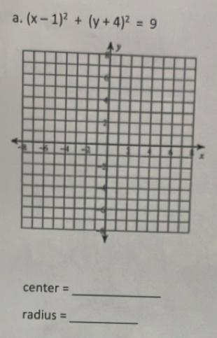 (x-1)^2+(y+4)^2=9
_ 
center = 
_
radius =