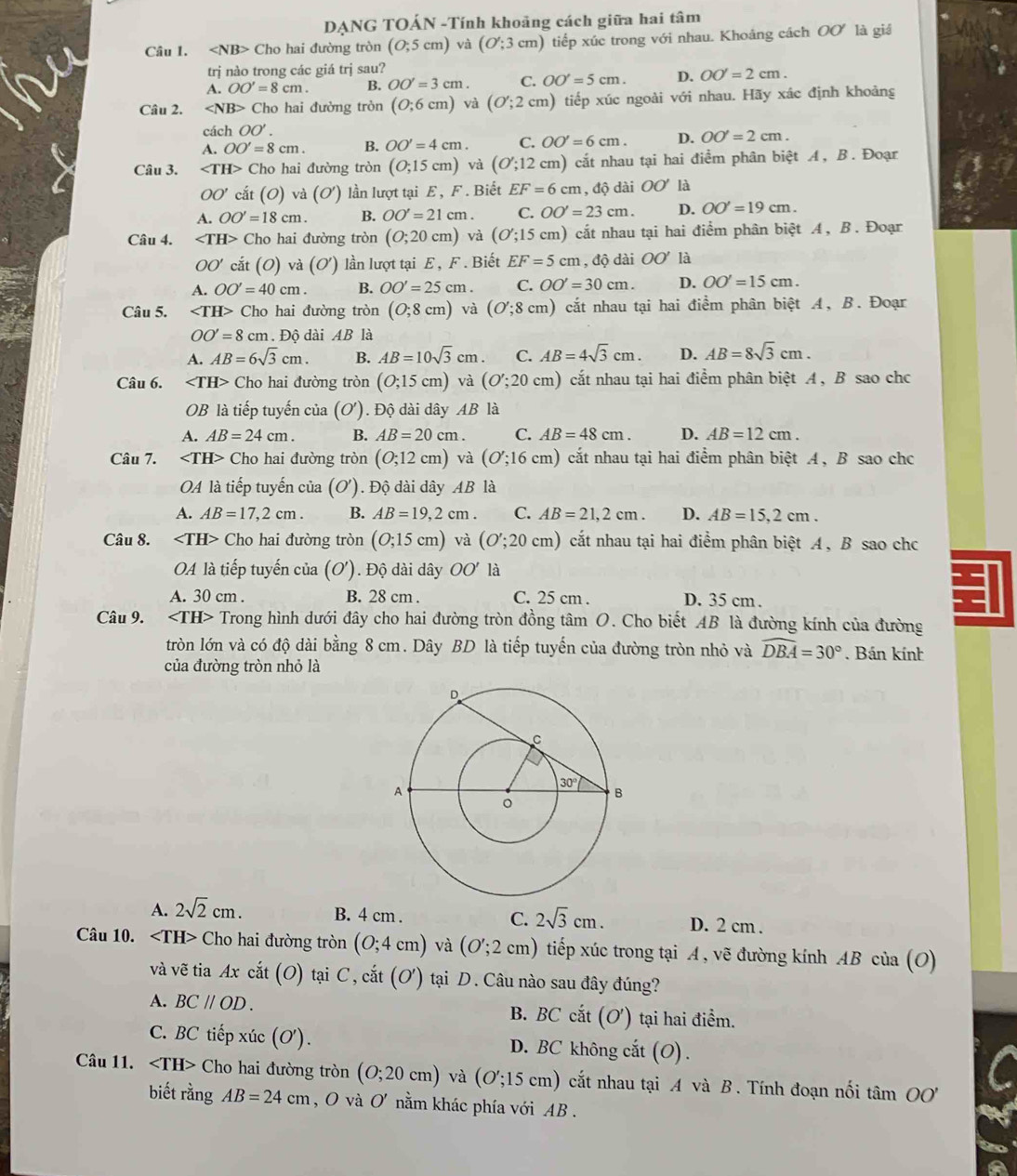 DANG TOÁN -Tính khoảng cách giữa hai tâm
Câu 1. Cho hai đường tròn (0;5cm)va(O';3cm) tiếp xúc trong với nhau. Khoảng cách OO' là giá
trị nào trong các giá trị sau?
A. OO'=8cm. B. OO'=3cm. C. OO'=5cm. D. OO'=2cm.
Câu 2. ∠ NB> Cho hai đường tròn (O;6cm) và (O';2cm) tiếp xúc ngoài với nhau. Hãy xác định khoảng
cách OO'.
A. OO'=8cm. B. OO'=4cm. C. OO'=6cm. D. OO'=2cm.
Câu 3. ∠ TH> Cho hai đường tròn (O;15cm) à (O';12cm) ) cắt nhau tại hai điểm phân biệt A, B. Đoạr
OO' cắt (0) và (O') lần lượt tại E , F . Biết EF=6cm , độ dài OO' là
A. OO'=18cm. B. OO'=21cm. C. OO'=23cm. D. OO'=19cm.
Câu 4. ∠ TH> Cho hai đường tròn (O;20cm) và (O';15 cm h) cất nhau tại hai điểm phân biệt A, B. Đoạr
OO' cắt (O) và (O') lần lượt tại E, F . Biết EF=5cm , độ dài OO' là
A. OO'=40cm. B. OO'=25cm. C. OO'=30cm. D. OO'=15cm.
Câu 5. ∠ TH> Cho hai đường tròn (O;8cm) và (O';8cm) cắt nhau tại hai điểm phân biệt A, B. Đoạr
OO'=8cm. Độ dài AB là
A. AB=6sqrt(3)cm. B. AB=10sqrt(3)cm. C. AB=4sqrt(3)cm. D. AB=8sqrt(3)cm.
Câu 6. ∠ TH> Cho hai đường tròn (O;15cm) và (O';20cn n) cắt nhau tại hai điểm phân biệt A , B sao chc
OB là tiếp tuyến của (O'). Độ dài dây AB là
A. AB=24cm. B. AB=20cm. C. AB=48cm. D. AB=12cm.
Câu 7. Cho hai đường tròn (0;12cm) và (O';16cm) 0 cắt nhau tại hai điểm phân biệt A, B sao chc
OA là tiếp tuyến của (O'). Độ dài dây AB là
A. AB=17,2cm. B. AB=19,2cm. C. AB=21,2cm. D. AB=15,2cm.
Câu 8. Cho hai đường tròn (O;15cm) và (O';20cm) cắt nhau tại hai điểm phân biệt A, B sao chc
OA là tiếp tuyến của (O'). Độ dài dây OO' là
A. 30 cm . B. 28 cm . C. 25 cm . D. 35 cm .
Câu 9. Trong hình dưới đây cho hai đường tròn đồng tâm O. Cho biết AB là đường kính của đường
tròn lớn và có độ dài bằng 8 cm. Dây BD là tiếp tuyến của đường tròn nhỏ và widehat DBA=30°. Bán kính
của đường tròn nhỏ là
A. 2sqrt(2)cm. B. 4 cm . C. 2sqrt(3)cm. D. 2 cm .
Câu 10. Cho hai đường tròn (0;4cm) và (O';2cm) tiếp xúc trong tại A , vẽ đường kính AB của (O)
và vẽ tia Ax cắt (O) tại C, cắt (O') a tại D. Câu nào sau đây đúng?
A. BC//OD. B. BC cắt (O') tại hai điểm.
C. BC tiếp xúc (O'). D. BC không cắt (O) .
Câu 11. Cho hai đường tròn (O;20cm) và (O';15 cm ) cất nhau tại A và B . Tính đoạn nối tâm O''
biết rằng AB=24cm , O và O' nằm khác phía với AB .