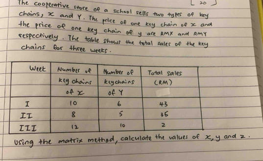 ( 20) 
The cooperative store oe a school sells two types of key 
chains, x and Y. The price of one key chain of x and 
the price of one key chain of y are amx and RmY
respectively. The table shows the total sales of the key 
chains for three weeks. 
Using the matrix method, calculate the values of x, y and z.