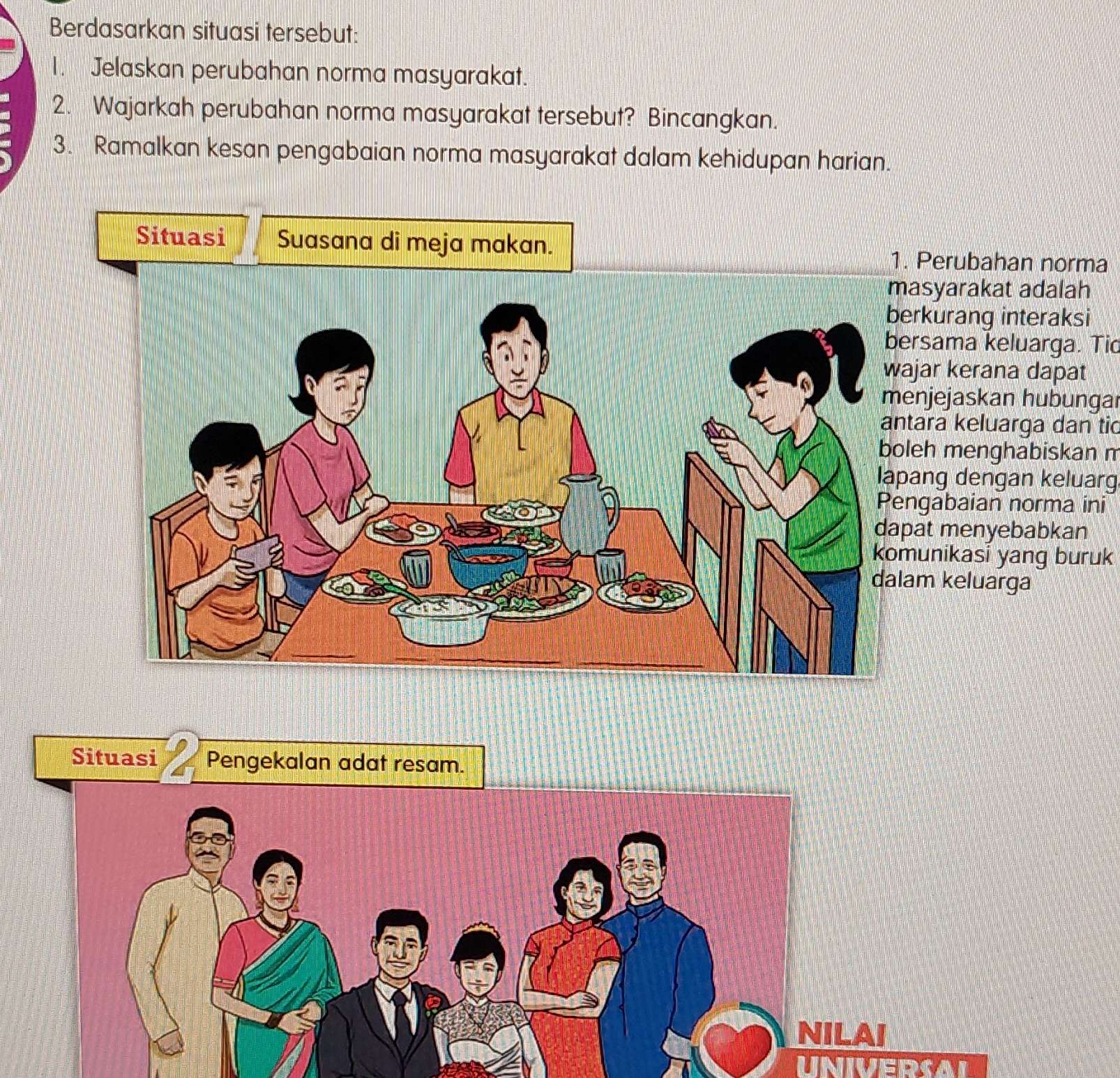 Berdasarkan situasi tersebut: 
1. Jelaskan perubahan norma masyarakat. 
2. Wajarkah perubahan norma masyarakat tersebut? Bincangkan. 
3. Ramalkan kesan pengabaian norma masyarakat dalam kehidupan harian. 
Situasi Suasana di meja makan. 
1. Perubahan norma 
asyarakat adalah 
rkurang interaksi 
rsama keluarga. Tio 
jar kerana dapat 
njejaskan hubungaı 
ara keluarga dan tic 
eh menghabiskan m 
ang dengan keluarg 
ngabaian norma ini 
at menyebabkan 
unikasi yang buruk 
m keluarga 
Situasi Pengekalan adat resam. 
NILAI 
UNIVERSAL