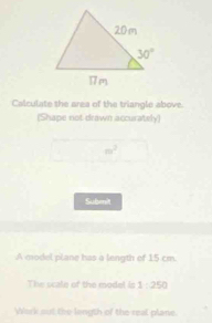 Calculate the area of the triangle above.
(Shape not drawn accurately)
m^2
Submit
A model plane has a length of 15 cm.
The scalie of the model is 1:250
Work aut the longth of the real plane.