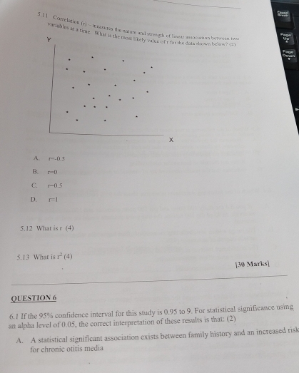 Reood
.11 Correlation (r) -- measures the nature and streagth of lnear associam between twe
vuriables at a time. What is the most likely vahar of r for the data shown below? (2)
Y
x
A. r=-0.5
B. r-0
C. r=0.5
D. r=1
5.12 What is r (4)
5.13 What is r^2(4)
[30 Marks]
QUESTION 6
6.1 If the 95% confidence interval for this study is 0.95 to 9. For statistical significance using
an alpha level of 0.05, the correct interpretation of these results is that: (2)
A. A statistical significant association exists between family history and an increased risk
for chronic otitis media