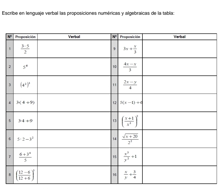 Escribe en lenguaje verbal las proposiciones numéricas y algebraicas de la tabla: